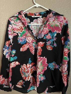 Zara Black Floral Button-Down Shirt with Pink & Blue Blooms